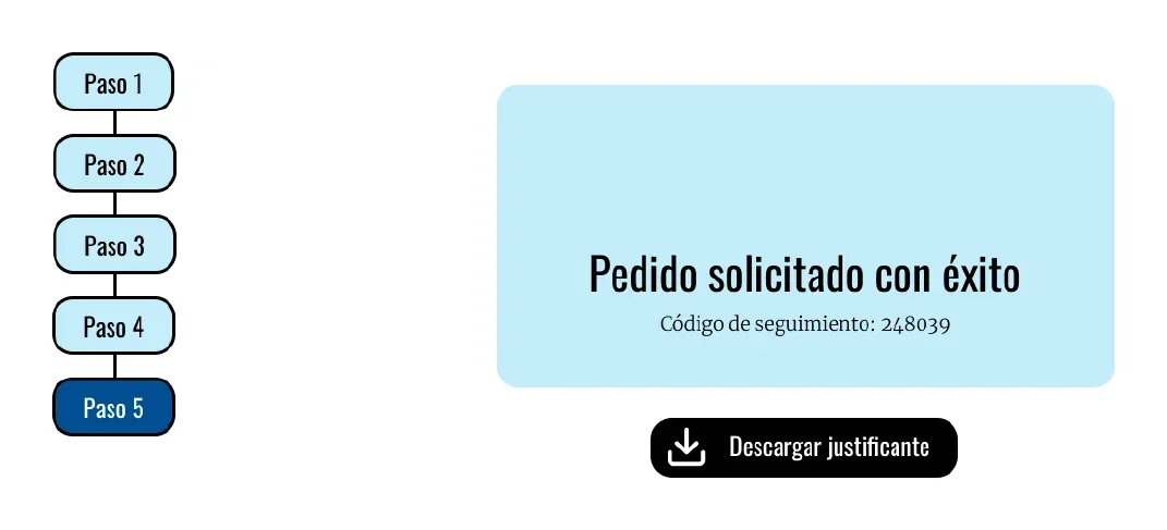 Mensaje de pedido solicitado con éxito con código de seguimiento