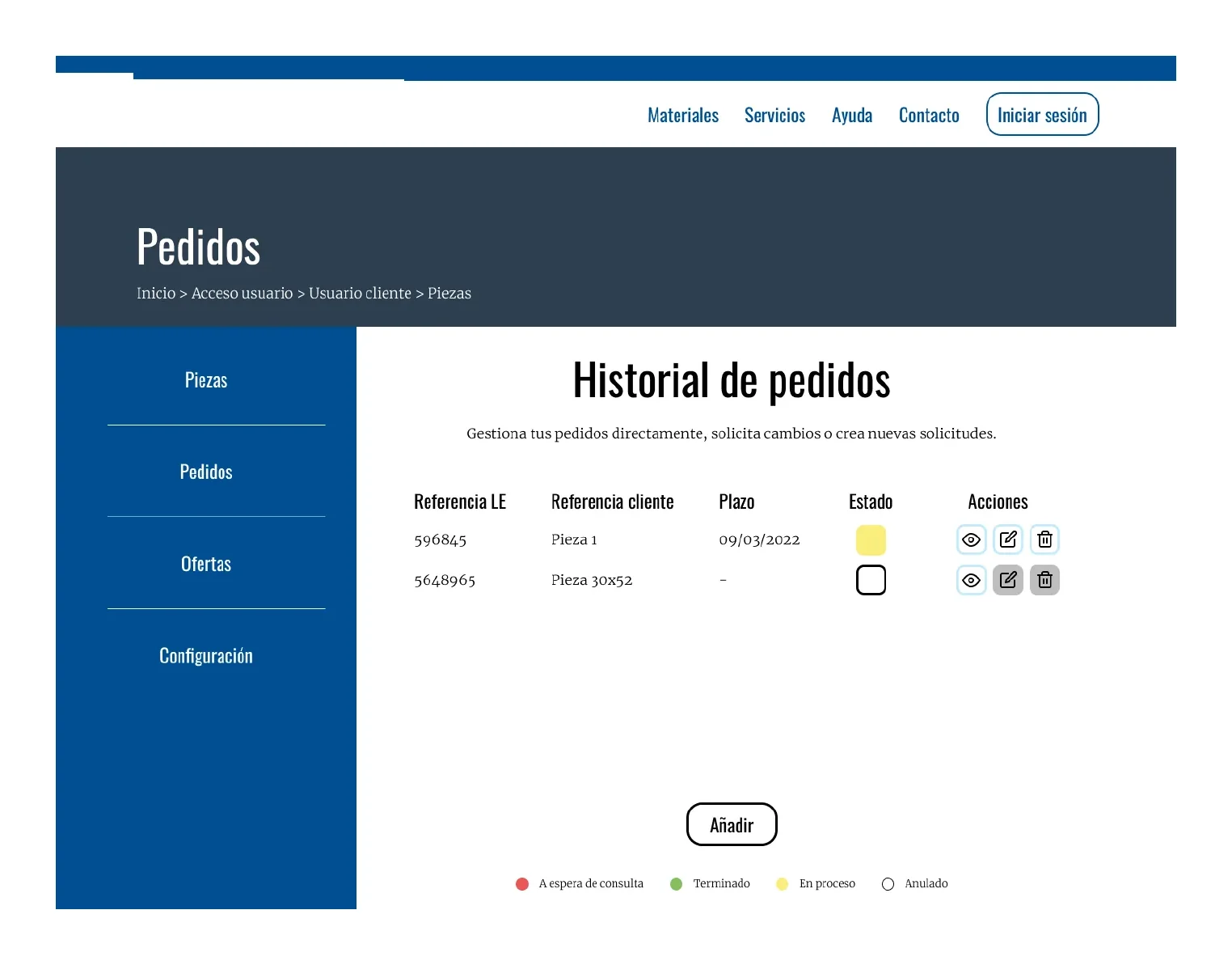 Área de cliente con el historial de pedidos