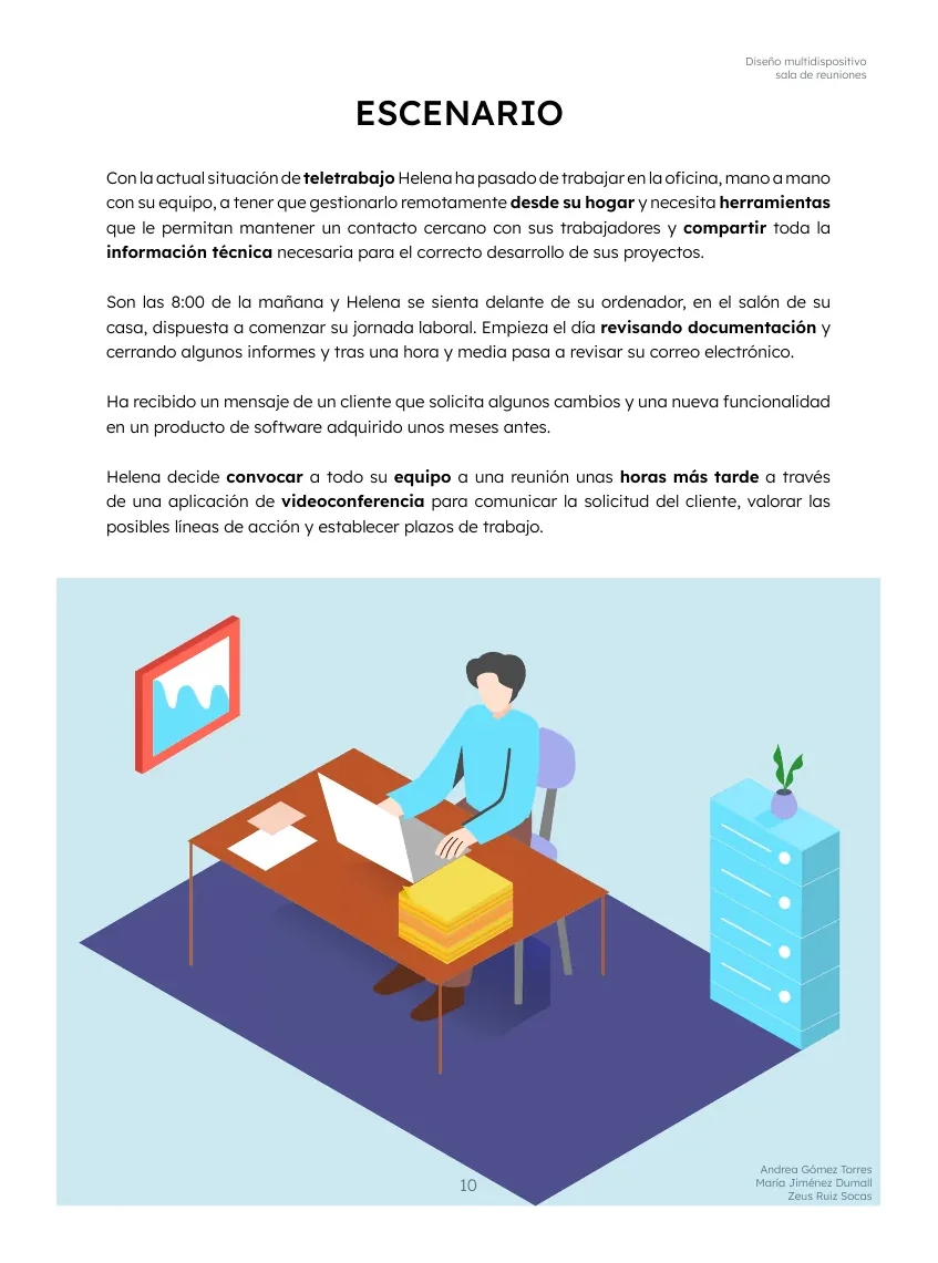 Texto del escenario de uso junto a una ilustración de una persona teletrabajando