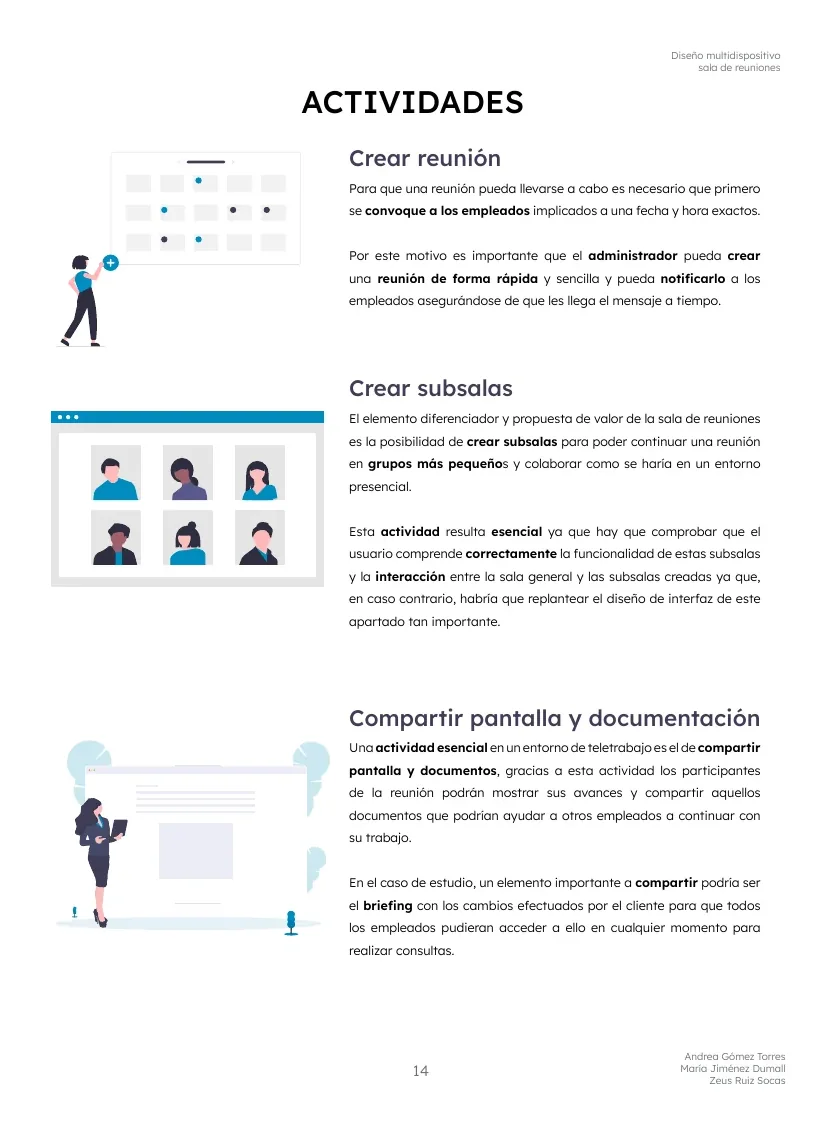 Descripción de las actividades: crear reunión, crear subsalas y compartir pantalla
