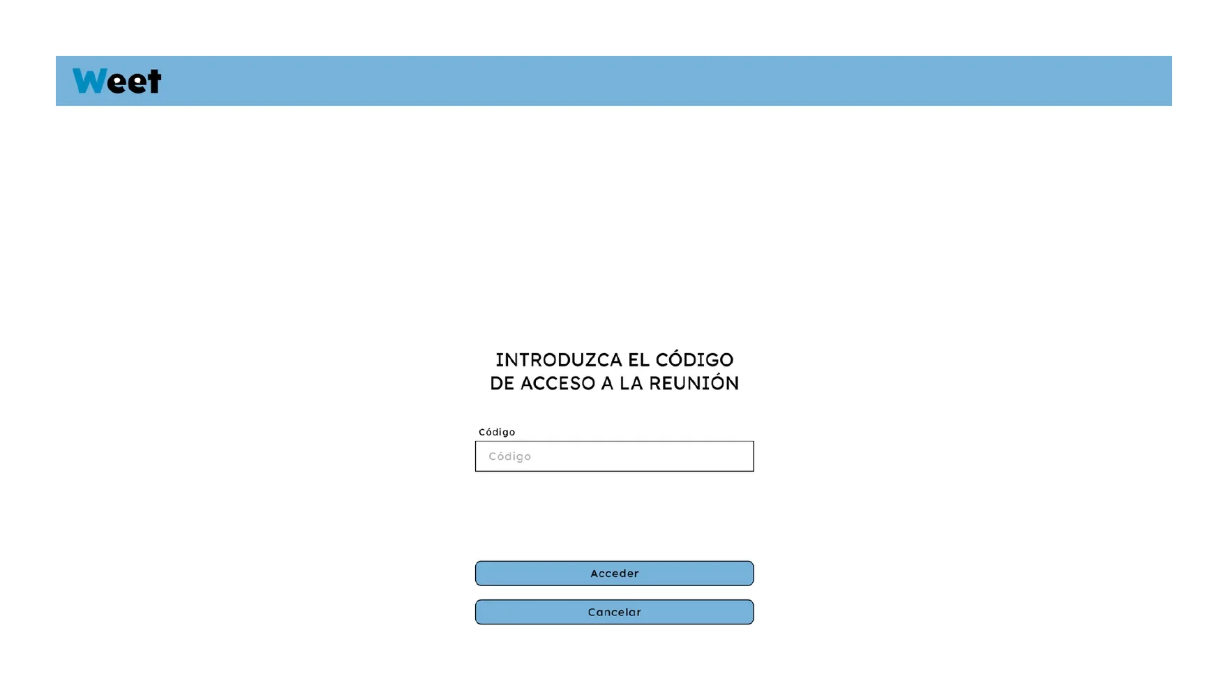 Pantalla para introducir el código de acceso a la reunión